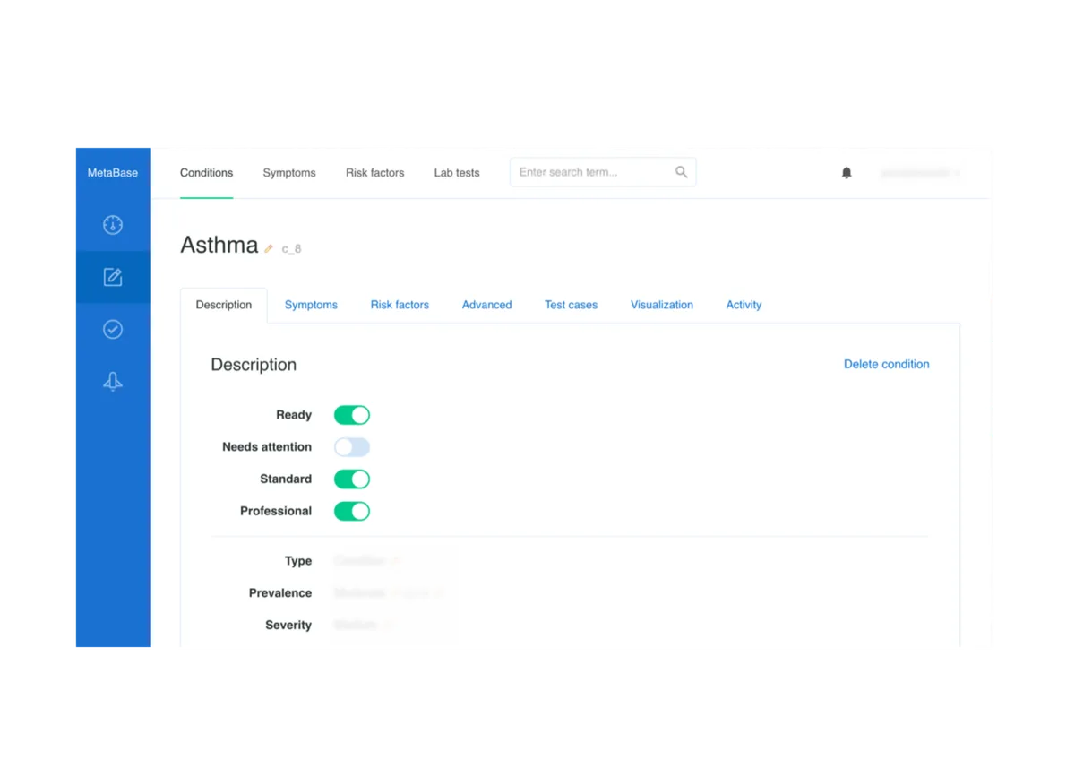 Infermedica's MetaBase medical knowledge base editor showing the Asthma condition entry with configuration toggles