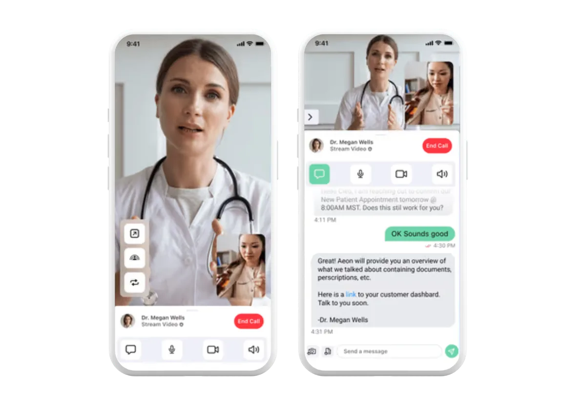 Stream Video call between a doctor and patient, next to a Stream Chat conversation confirming a new patient appointment