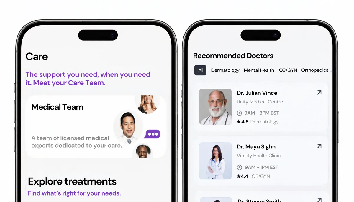 Telehealth app screens showing a patient's care team and a list of recommended doctors filterable by specialty