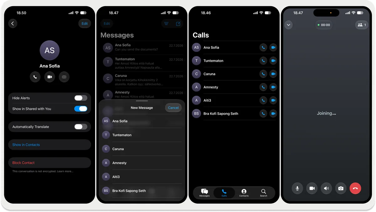 The contact profile screen alongside the inbox, new message, calls list, and an active call