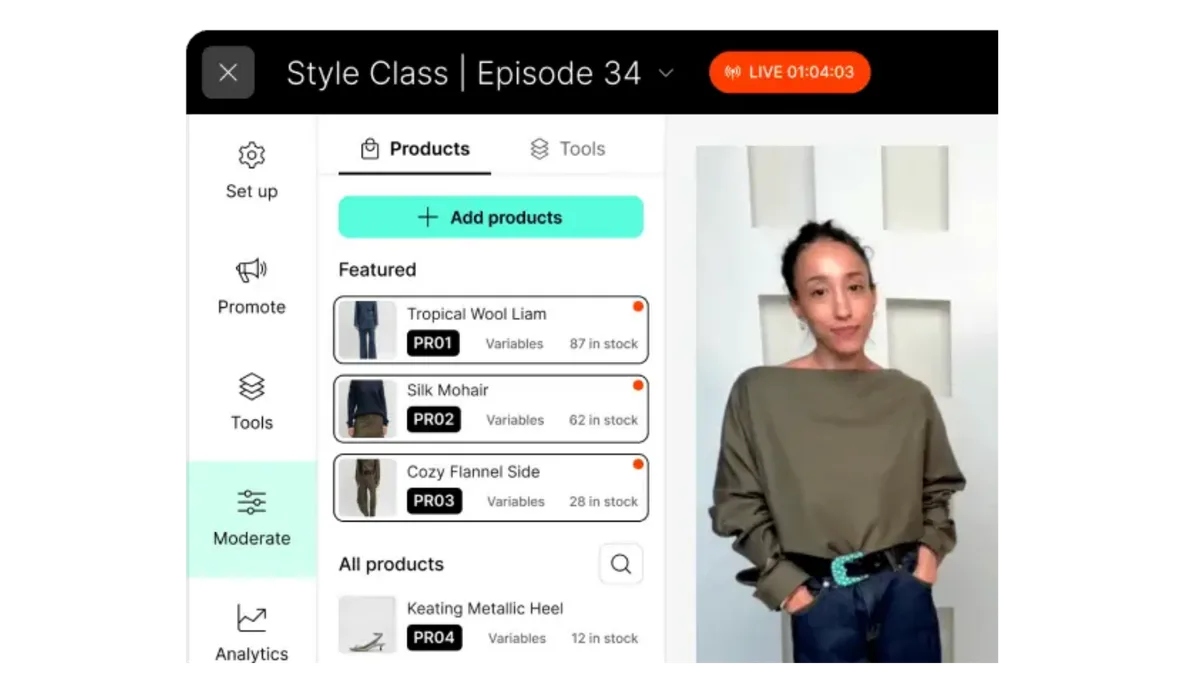 Videowise live shopping dashboard showing a live stream with featured products in the sidebar
