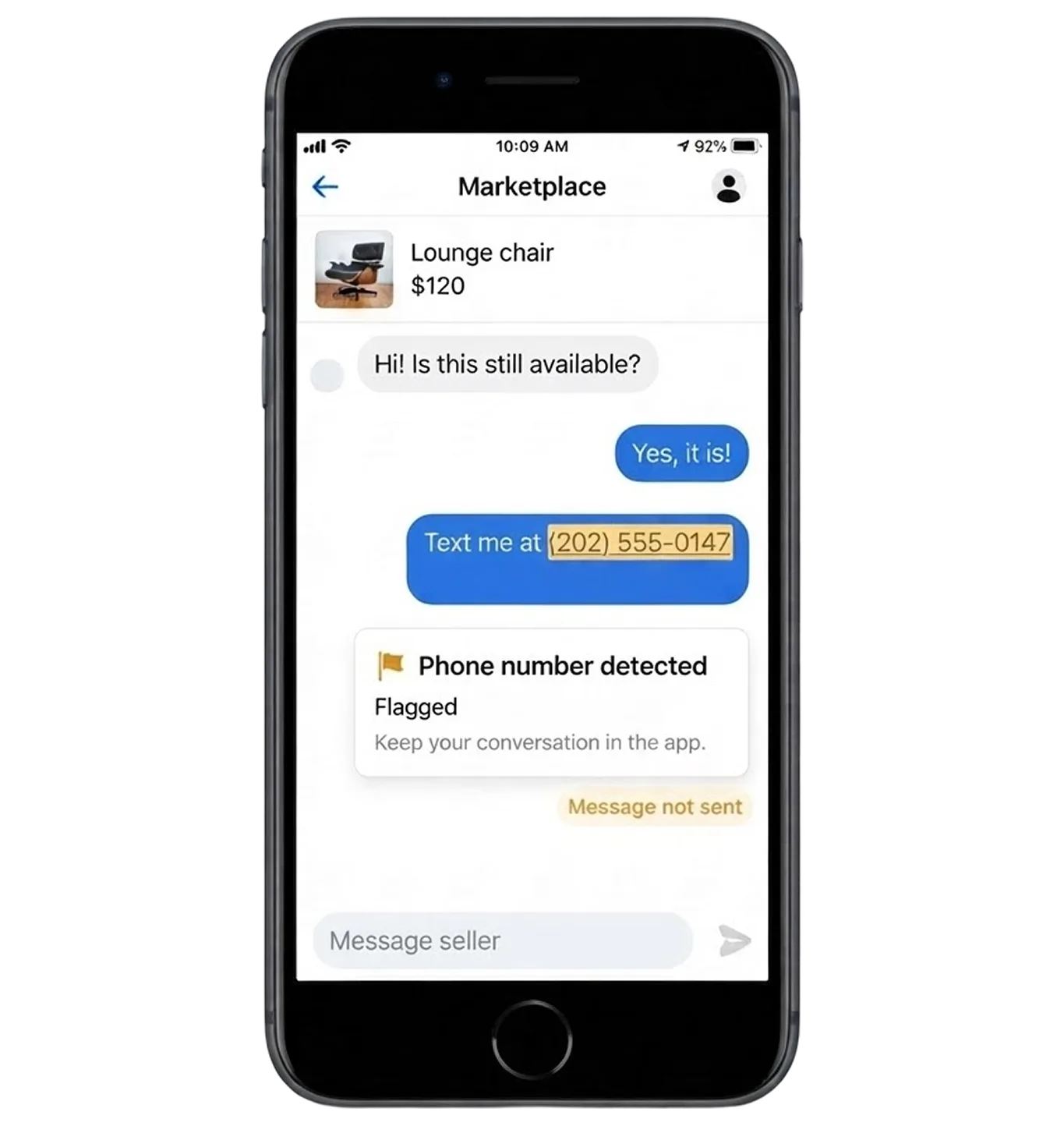 A marketplace chat message reading 'Text me at (202) 555-0147' flagged as 'Phone number detected' with the message not sent, prompting the buyer to keep the conversation in the app