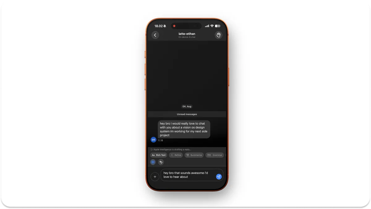 Apple Intelligence drafting a reply to an incoming chat message in Stream Chat