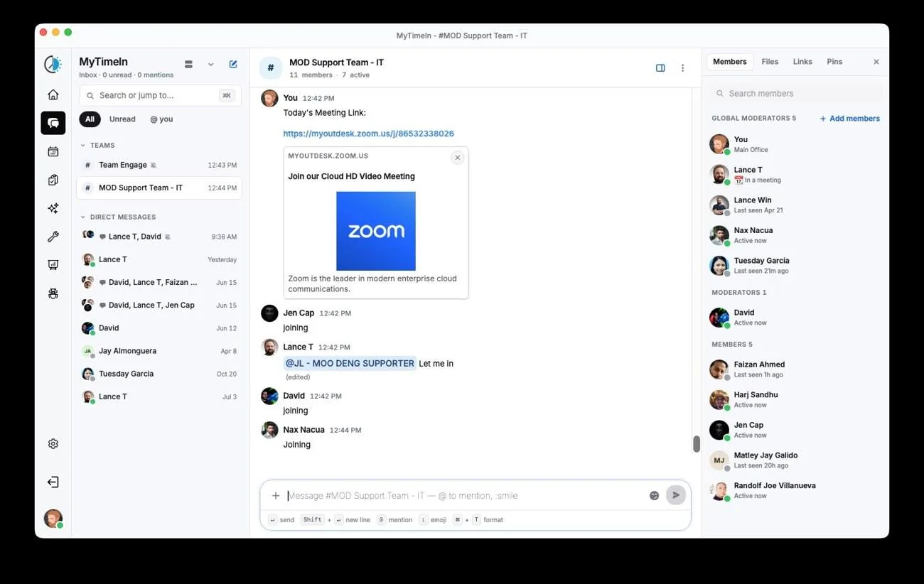 Inside MyTimeIn showing real roles - global moderators, moderators, members - and live presence across the workforce