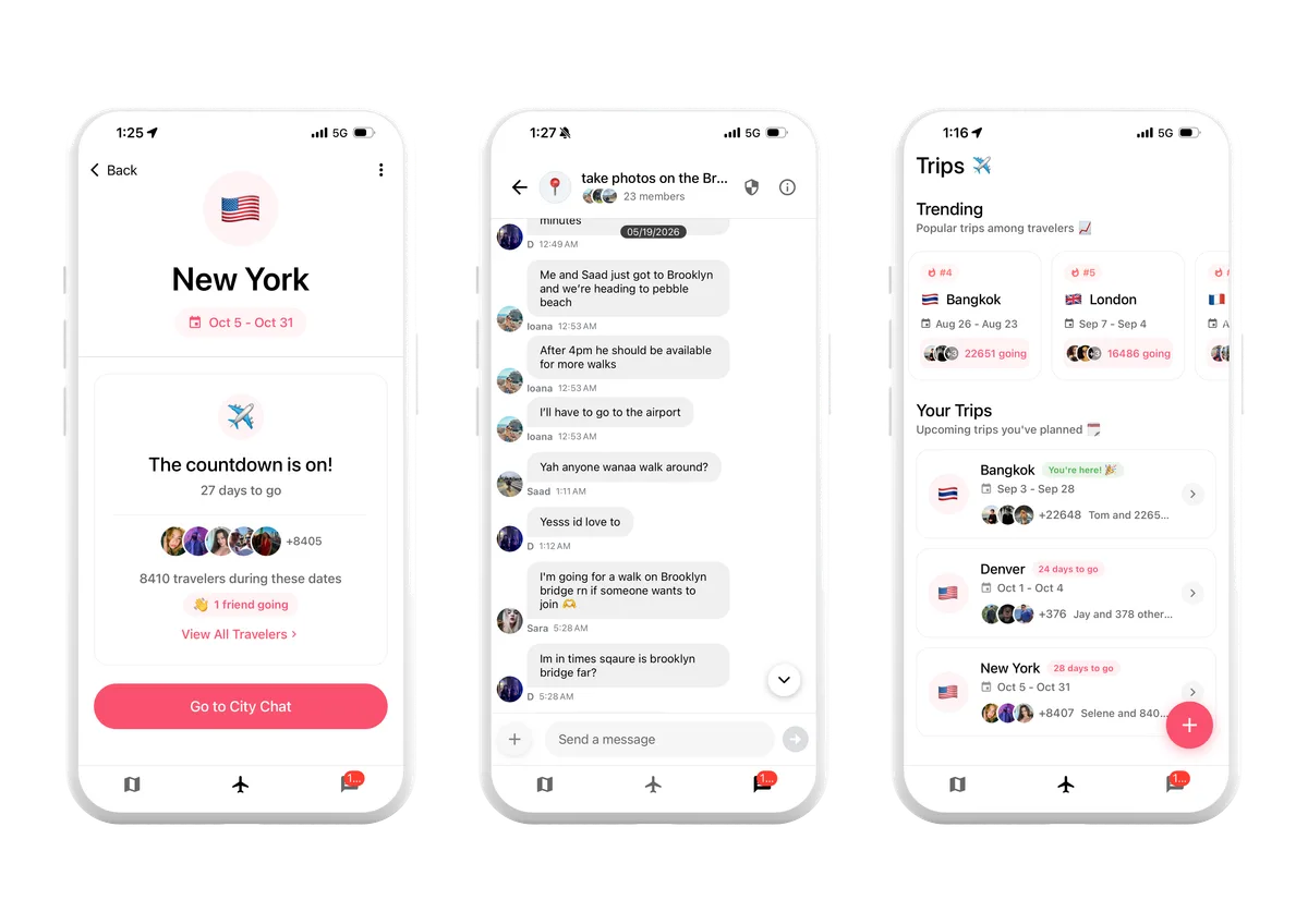 Nomadtable app screens showing a trip countdown, a group chat, and the Trips discovery screen