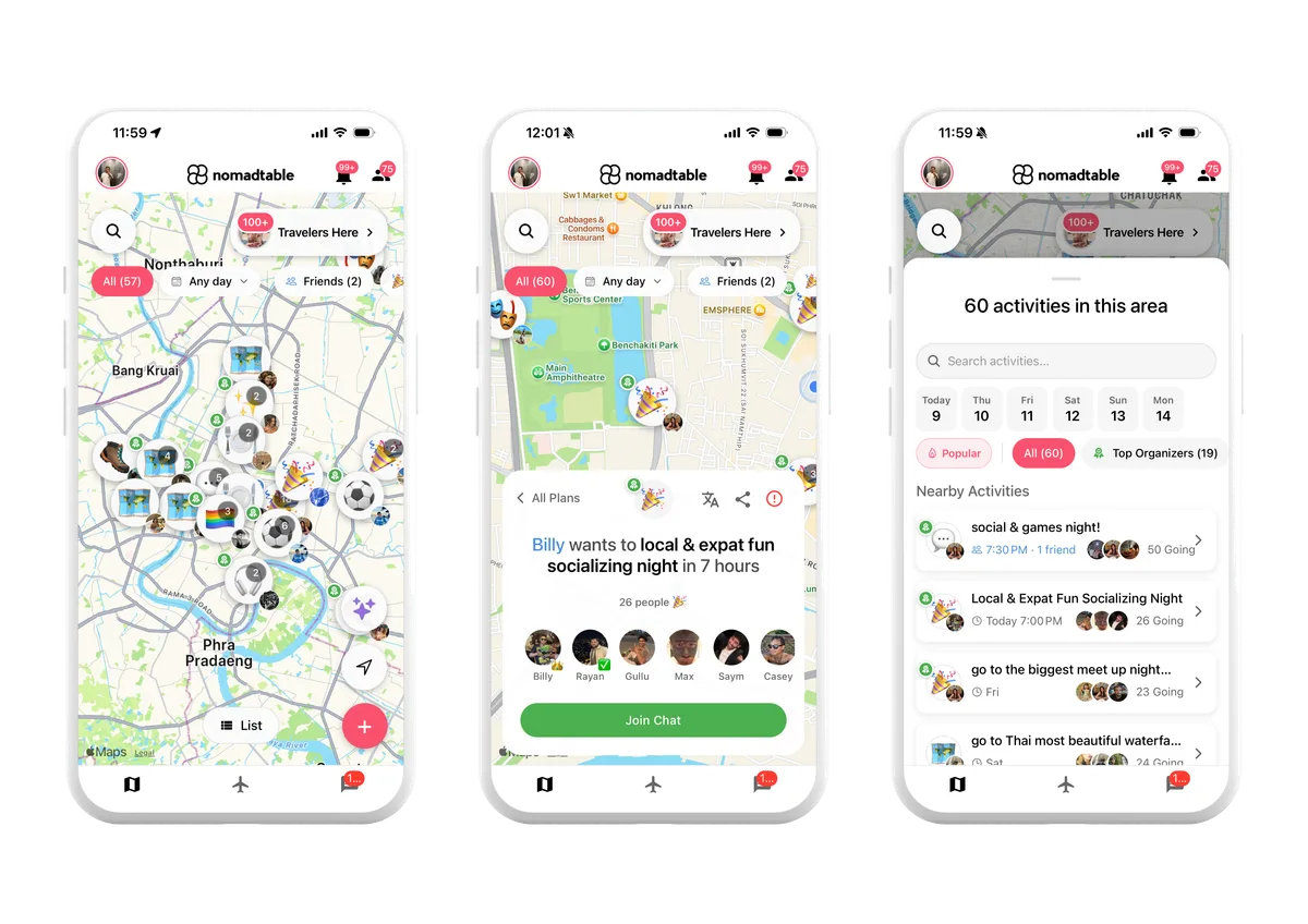 Nomadtable's map view with activity pins, an activity chat invite, and the activities list for an area