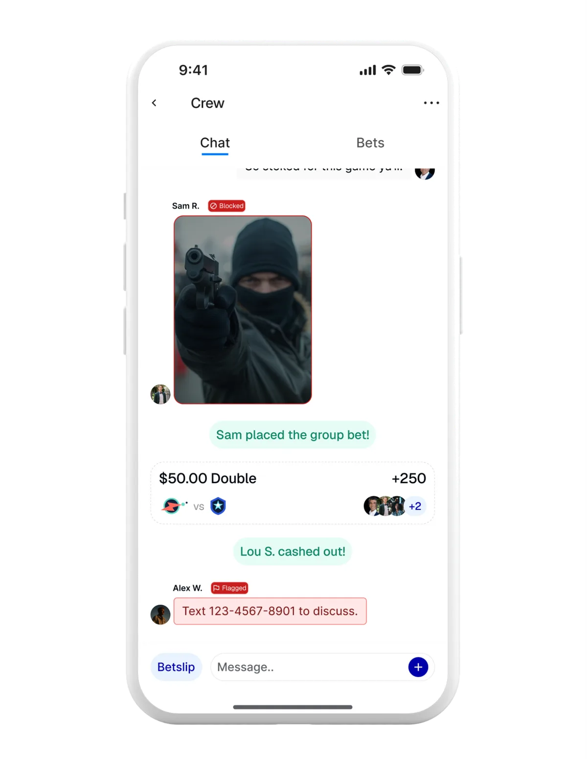 Prediction market group chat with moderation actions like blocked images and flagged messages