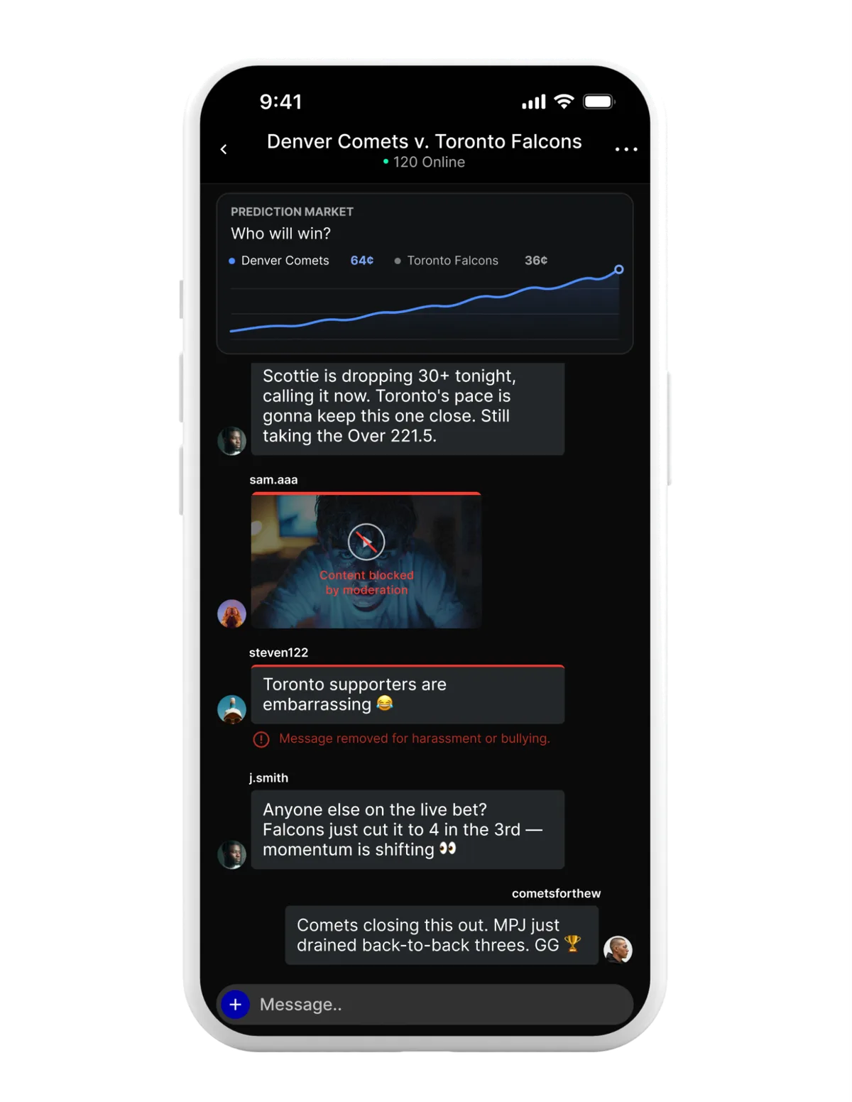 Live game chat showing real-time moderation blocking harmful content and removing harassment
