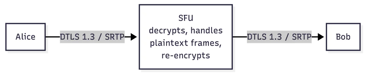 DTLS/SRTP transport encryption is hop-by-hop: the SFU decrypts, handles plaintext frames, and re-encrypts