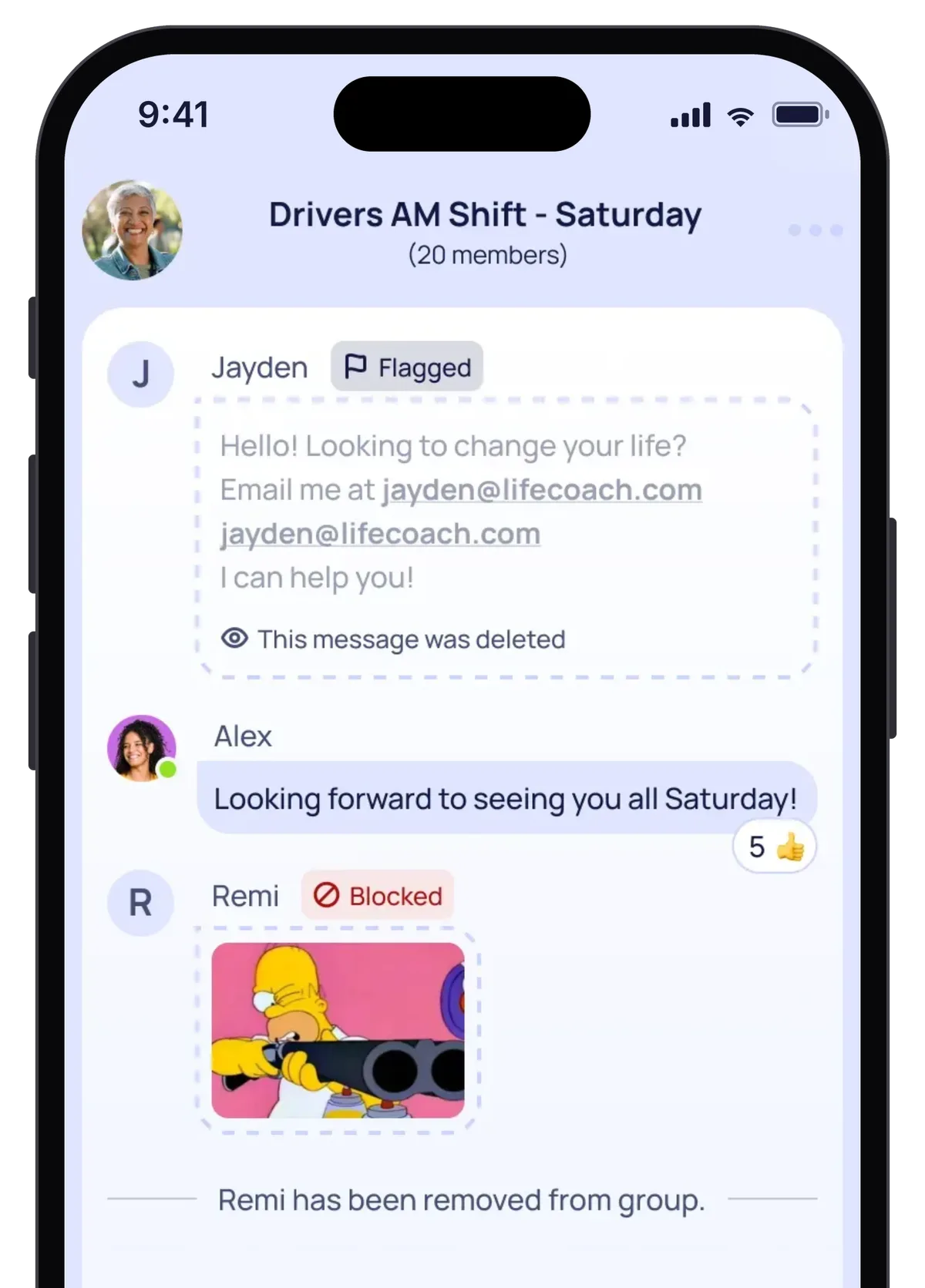 Rosterfy volunteer group chat with a flagged spam message deleted and a blocked user removed from the group