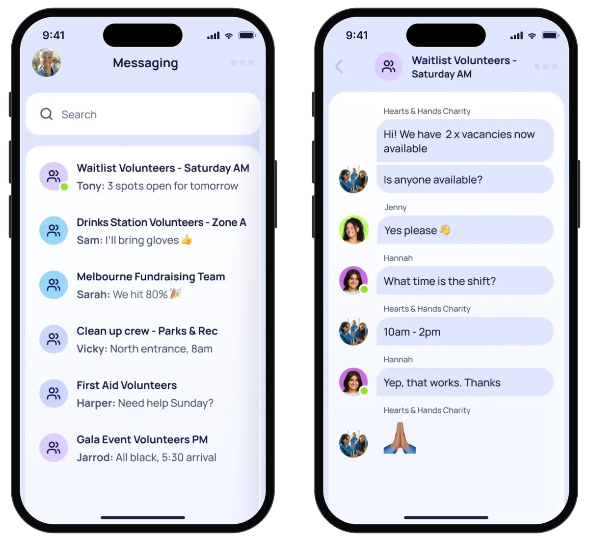 Rosterfy volunteer messaging on mobile: a list of volunteer group channels and a Waitlist Volunteers chat filling open shifts