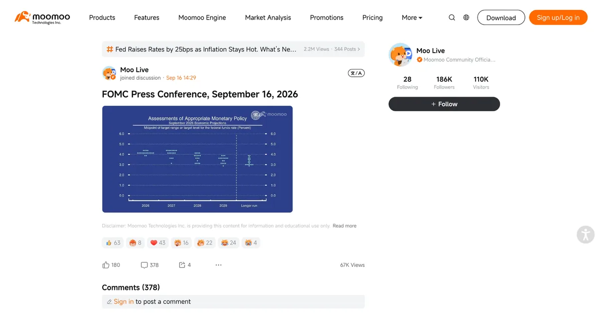Moomoo's Moo Live page showing an FOMC press conference post with a chart and engagement metrics