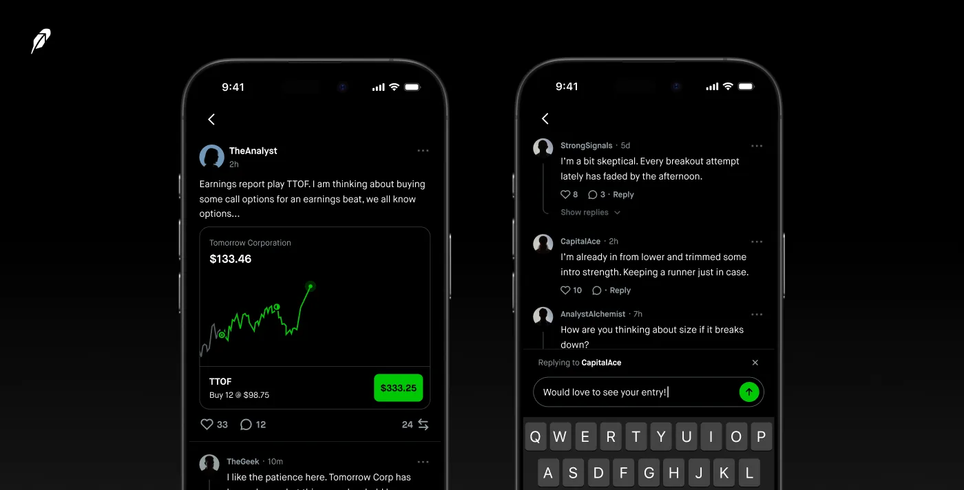 Robinhood Social profile card showing a trade post with a stock chart, price, and comment thread