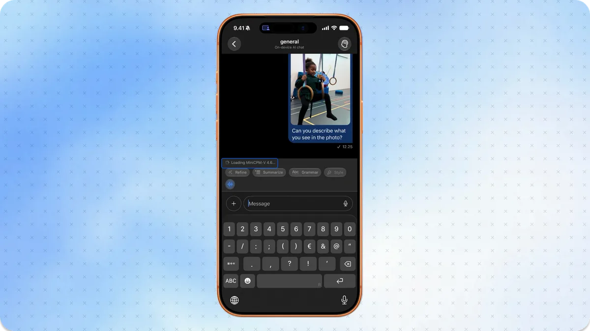 MiniCPM-V vision model processing a photo attachment in Stream Chat