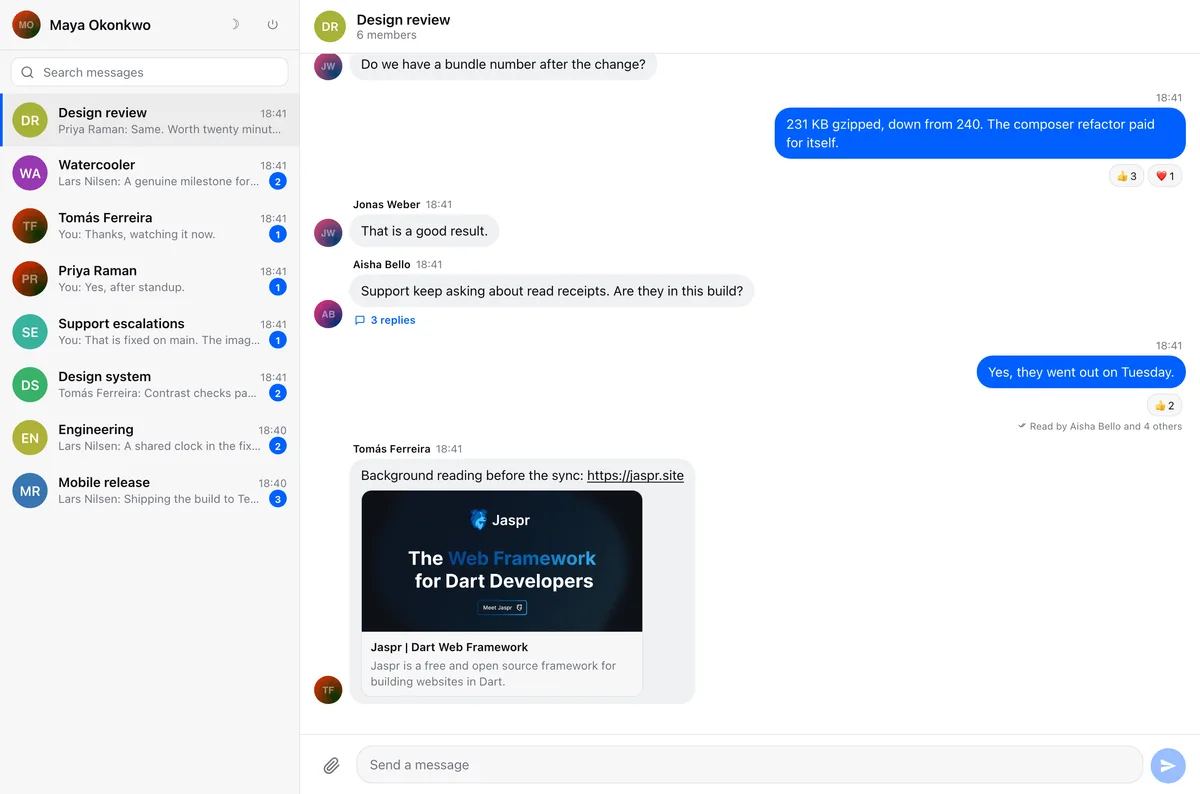 The example application in the light theme: a channel list with unread badges, a conversation with reactions, read receipts, a threaded reply and a link preview, and the composer