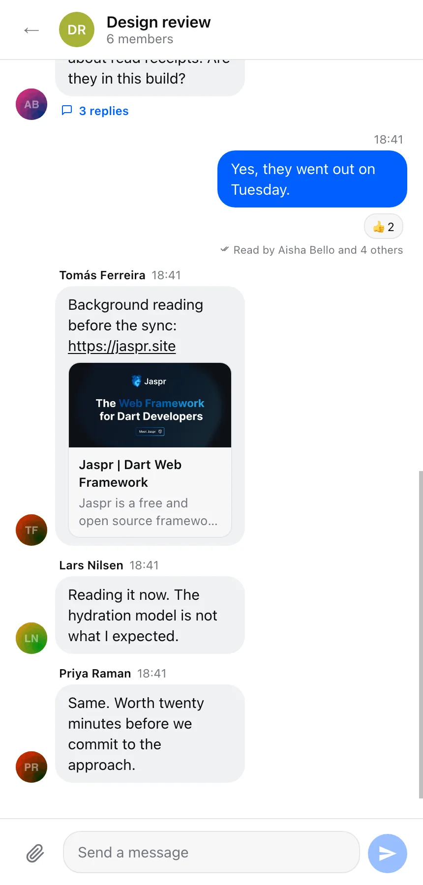 The example application at a phone-width viewport, collapsed to a single pane with a back arrow in the header