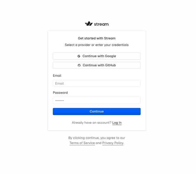 Stream account creation page
