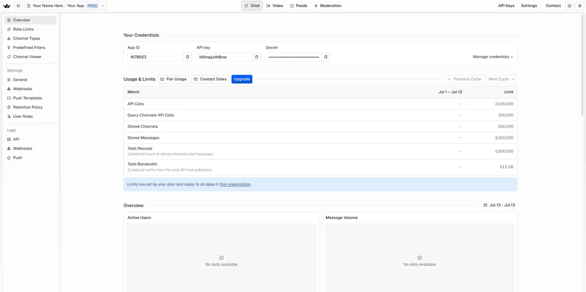 Stream Chat Dashboard overview
