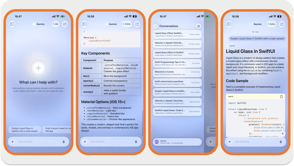 Aurora AI assistant running on a physical iPhone and iPad, showing the conversation list and Markdown/code rendering
