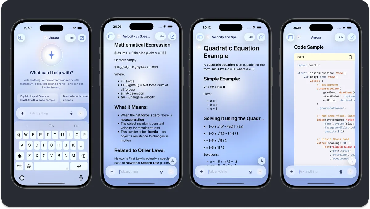 Aurora AI assistant running in the iOS Simulator, showing Markdown and code rendering for a SwiftUI Liquid Glass example