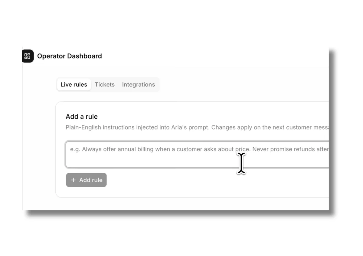 Operator Dashboard showing the Add a rule panel for live rules
