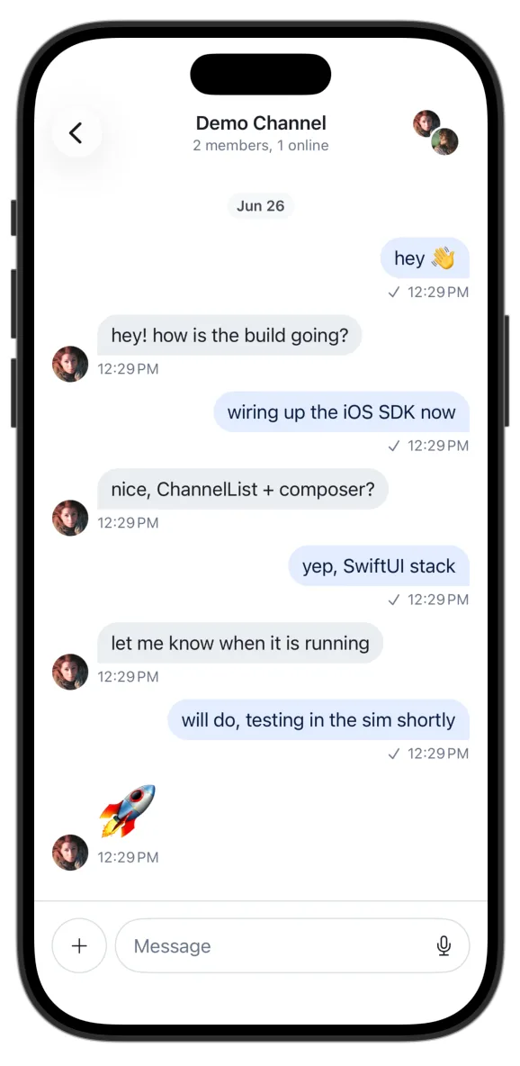 Tapping the channel opens the standard message list and composer with seeded messages