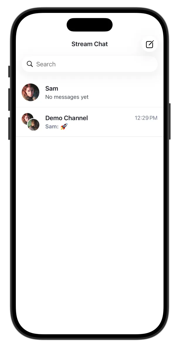 Compose button in the channel list header; new 1-1 channel with Sam appears in the list
