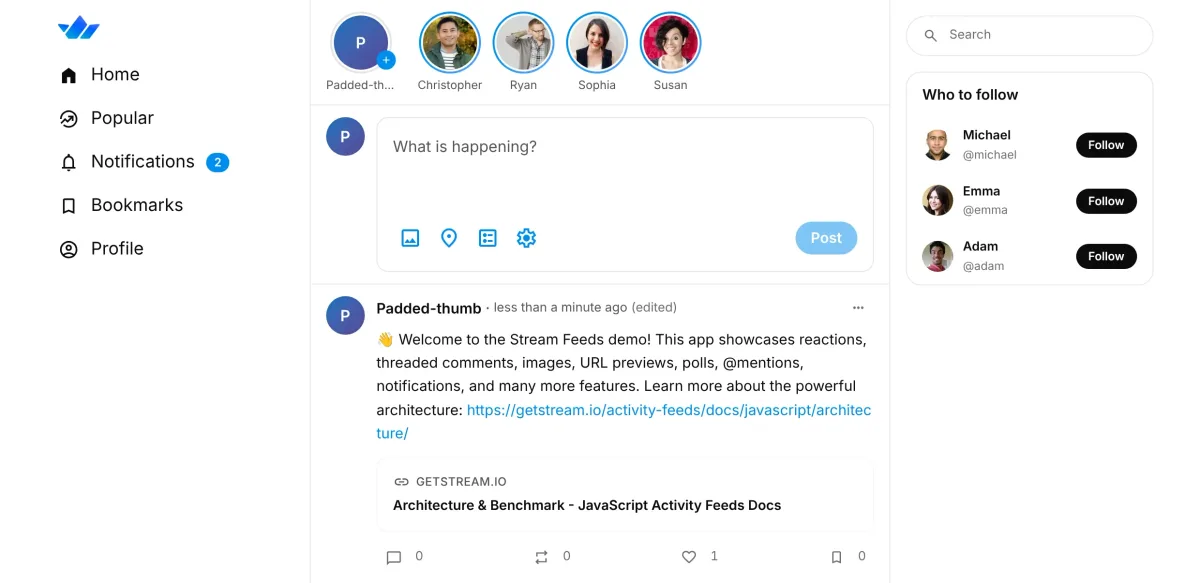 Stream Feeds demo: stories, a post composer, a post with a link preview and a who-to-follow panel