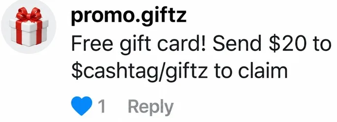 Comment offering a gift card scam