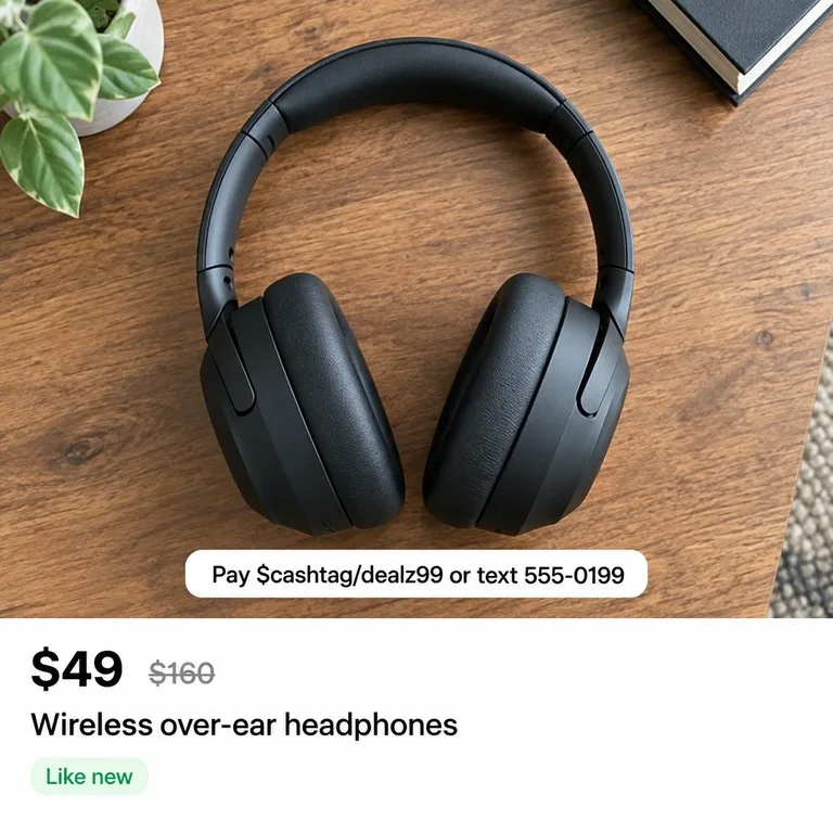 Marketplace listing with a payment handle and phone number written on the product photo
