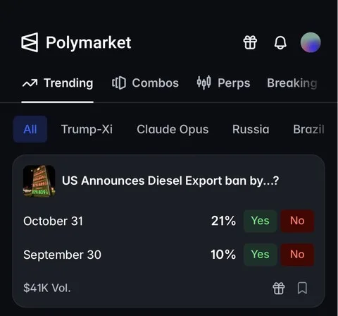 Polymarket app trending markets screenshot