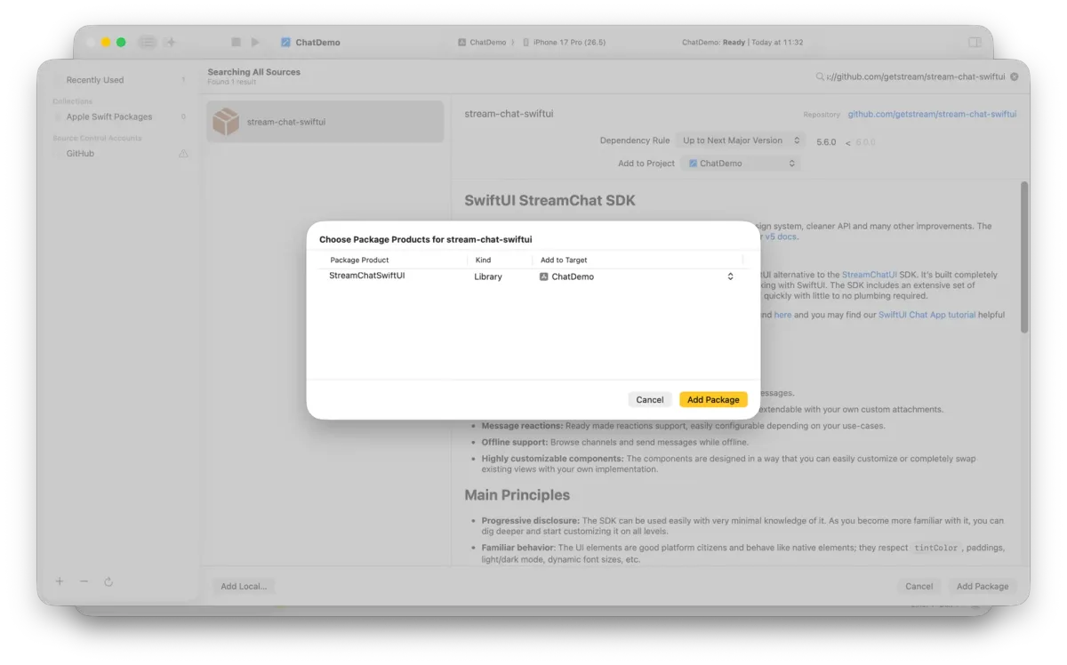 Screenshot showing the selection of the SwiftUI package