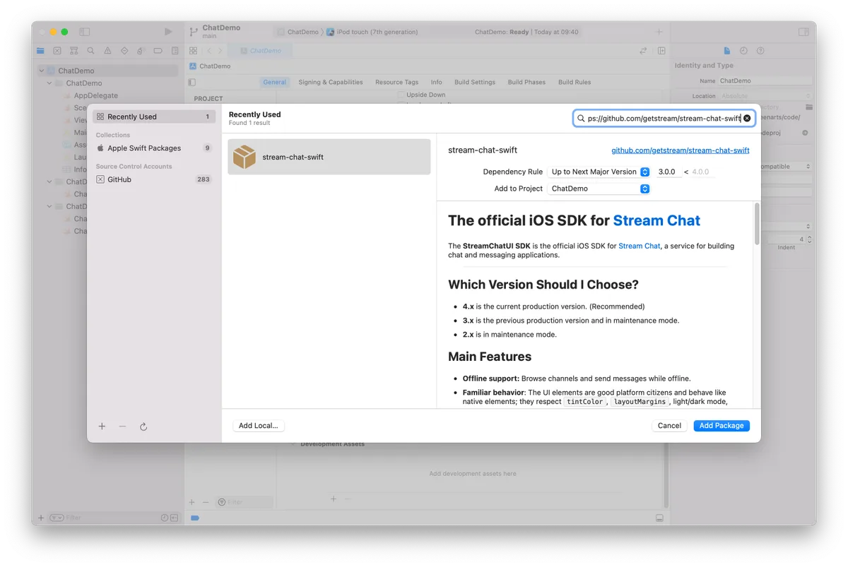 Image shows Swift Package dependency setup