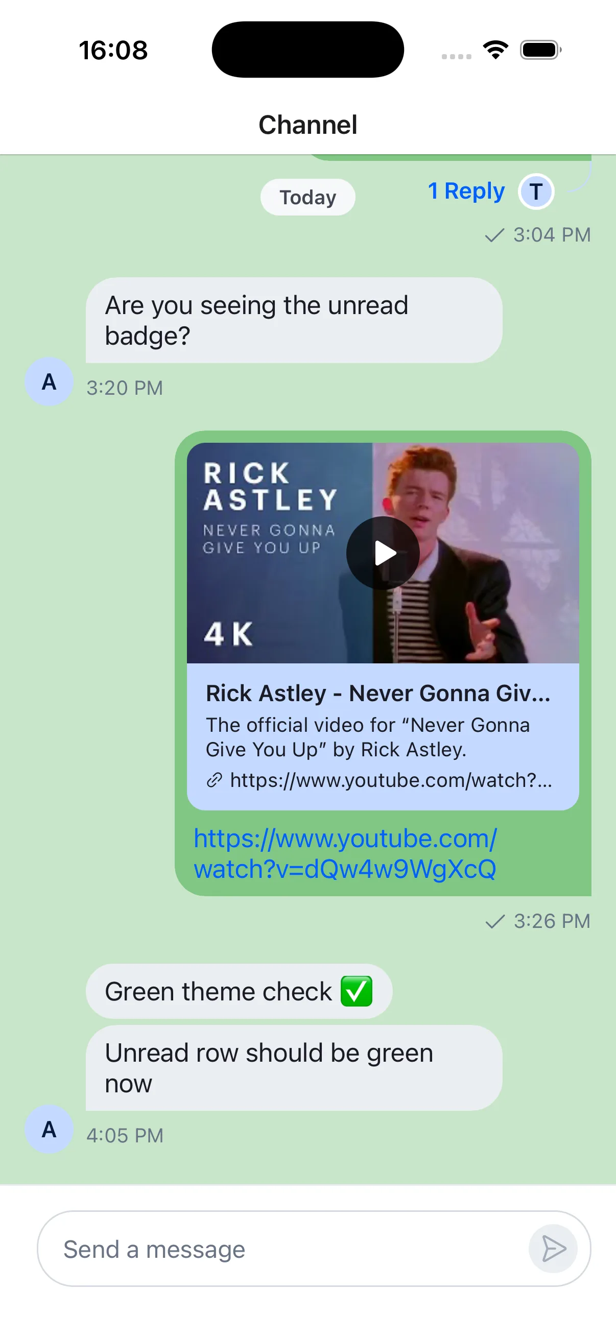 YouTube link unfurled in the message list on iOS