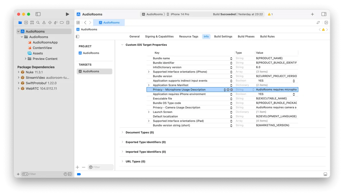 Screenshot shows permissions in the .plist file