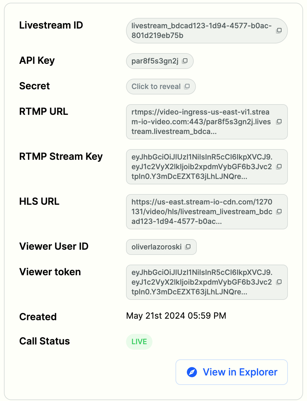 Screenshot shows livestream call data