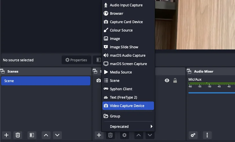 Screenshot shows capturing device setup