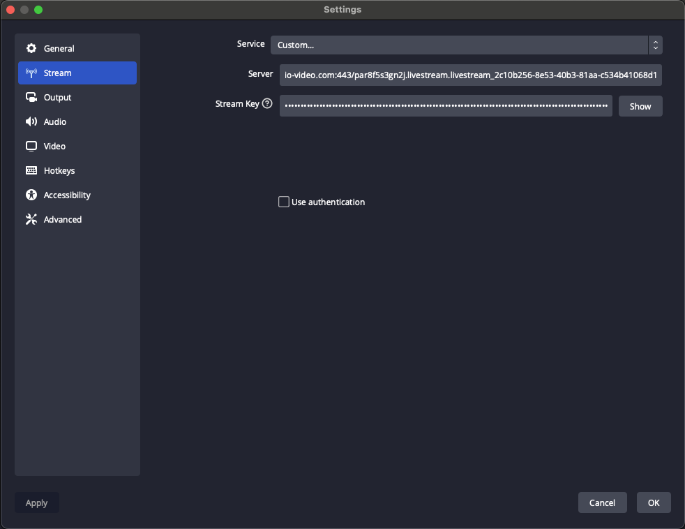 Screenshot shows OBS settings setup