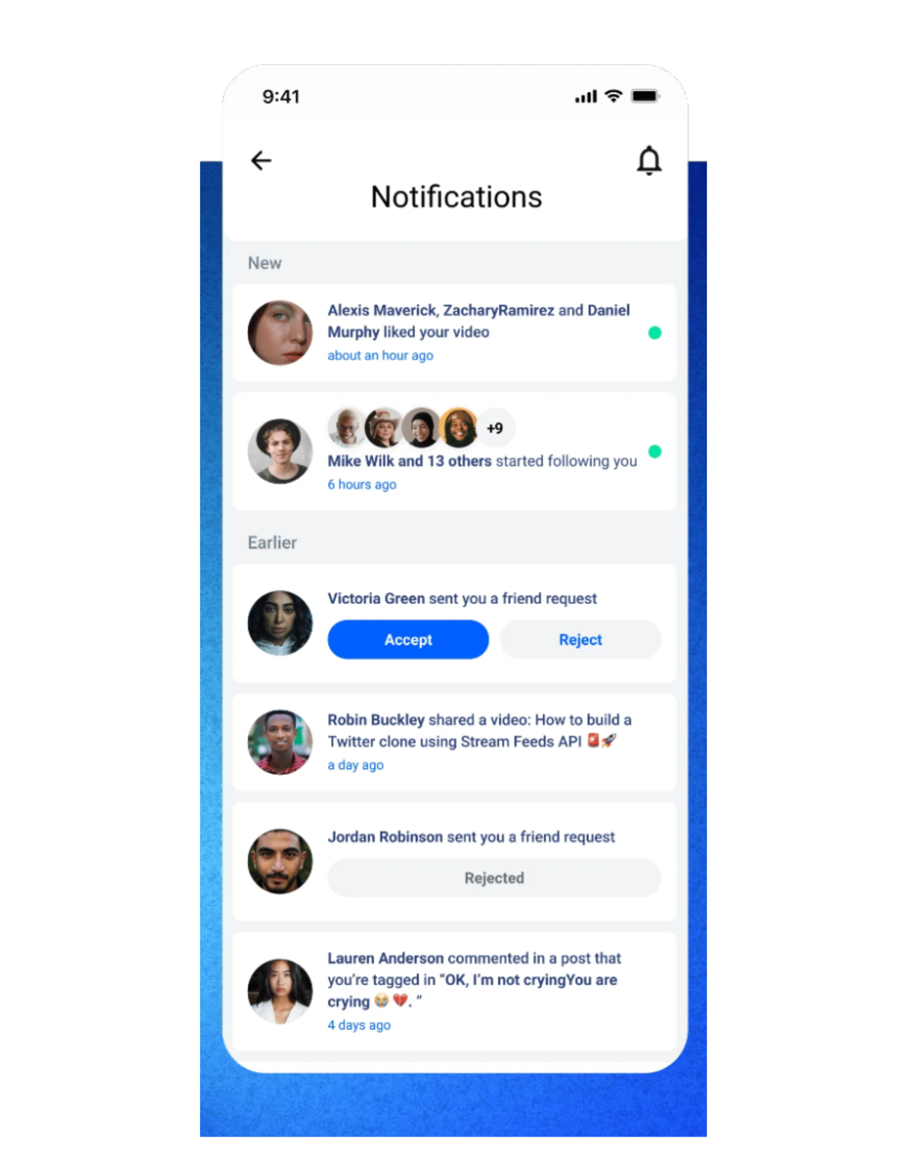 Notification feed showing likes, follows, friend requests, and activity updates