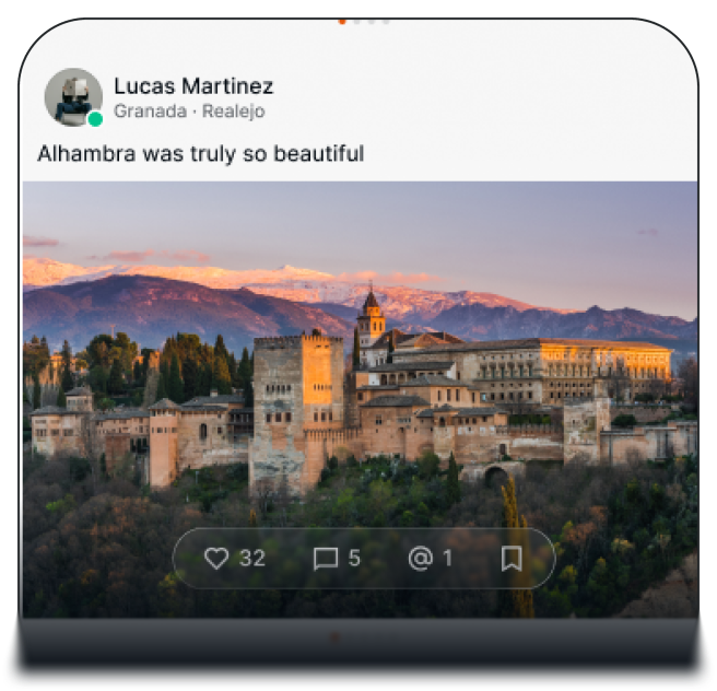 Timeline feed: a social post with location, photo, and engagement counts