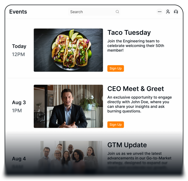 Activity feed showing a timeline of events and activities