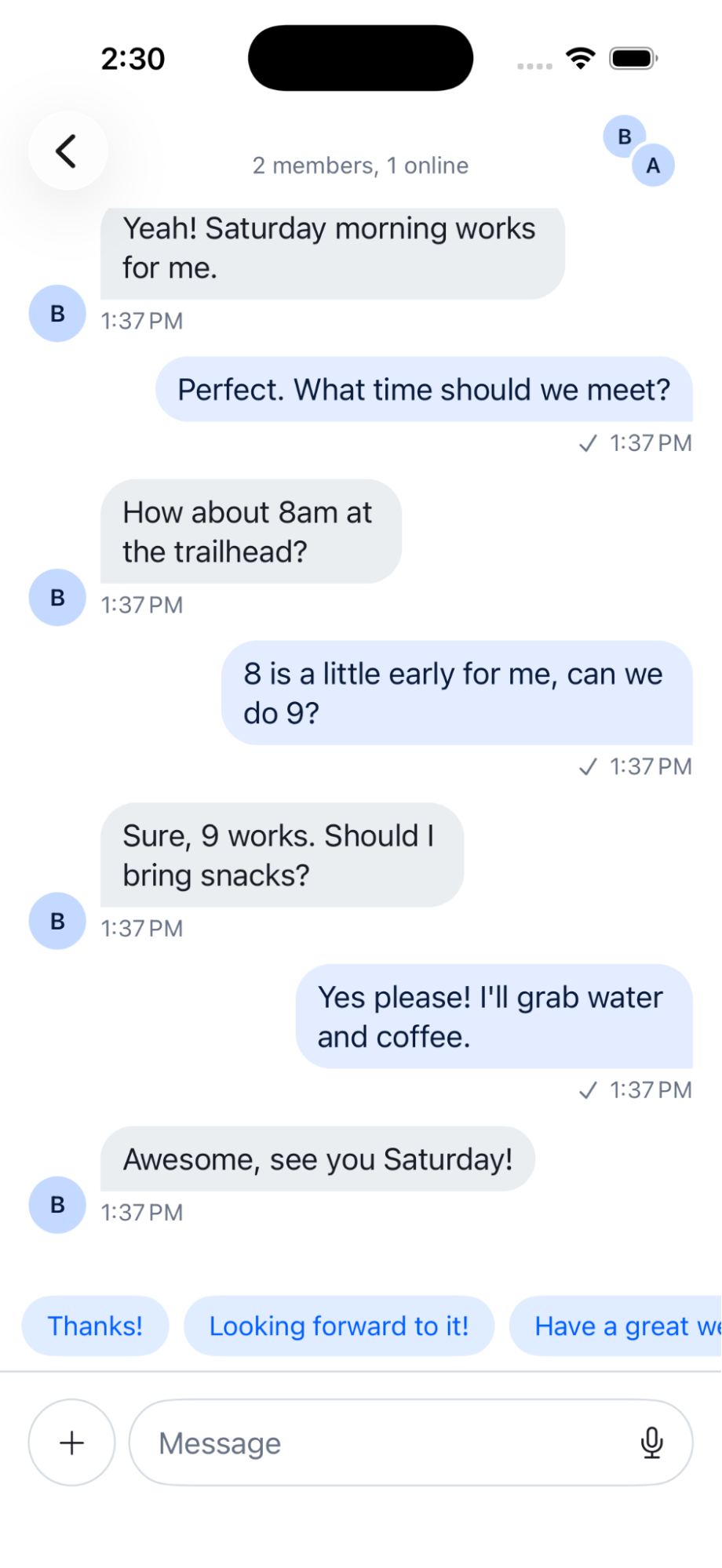 Reply suggestions chips above the Stream Chat composer