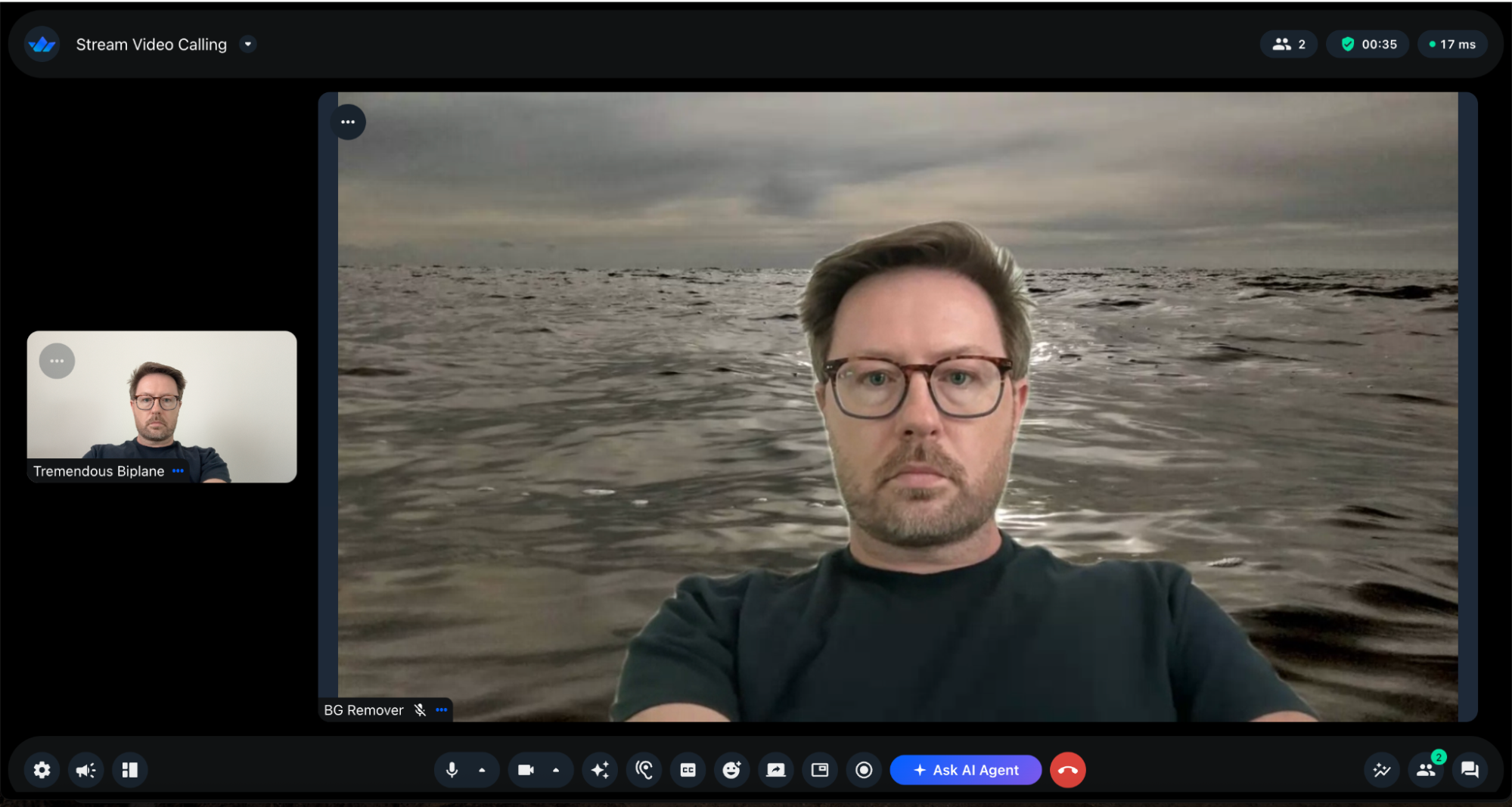 Side-by-side view of raw camera feed and background-removed feed in a Stream call
