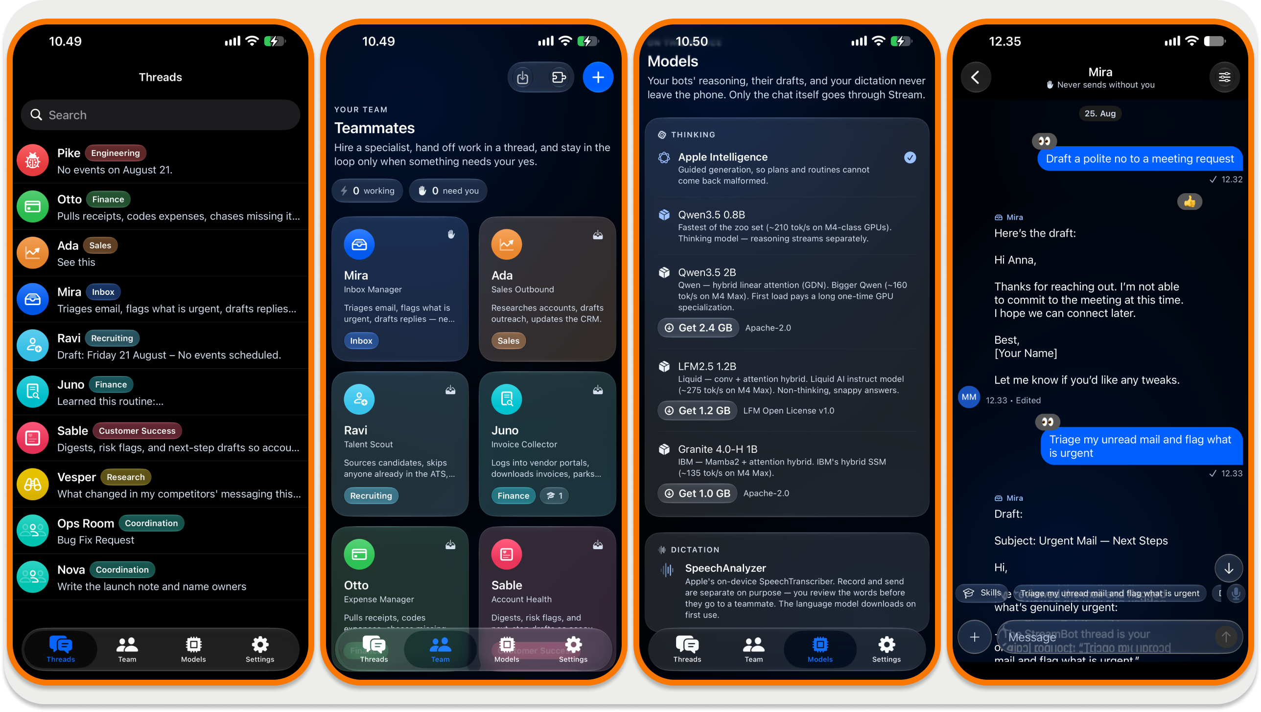 StreamBot app screens showing the Threads list, the Team grid of AI teammates, the Models list of on-device AI models, and a chat with the Mira bot