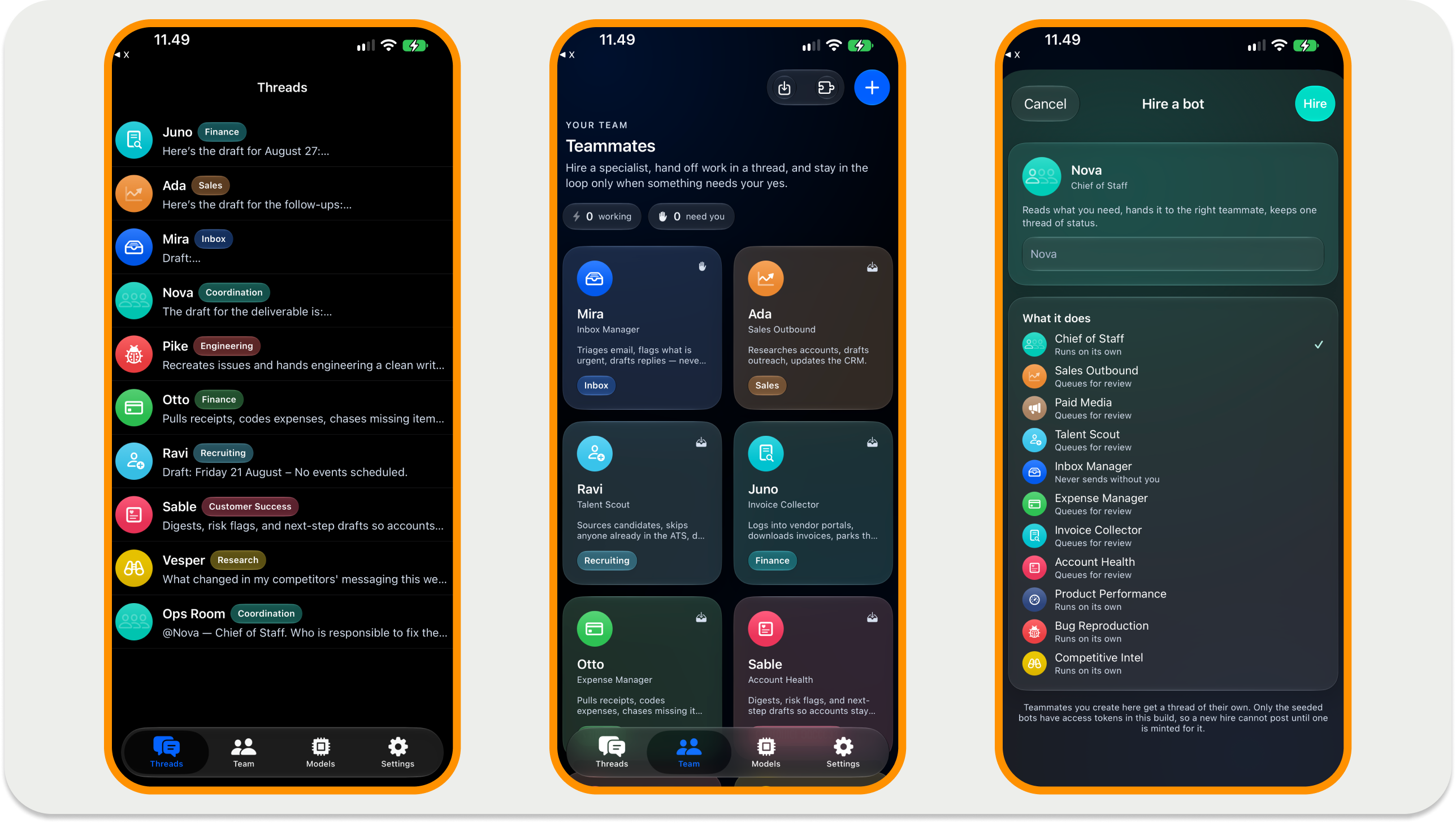 StreamBot app screens showing the Threads list, the Team grid of seeded bots, and the Hire a bot modal for Nova
