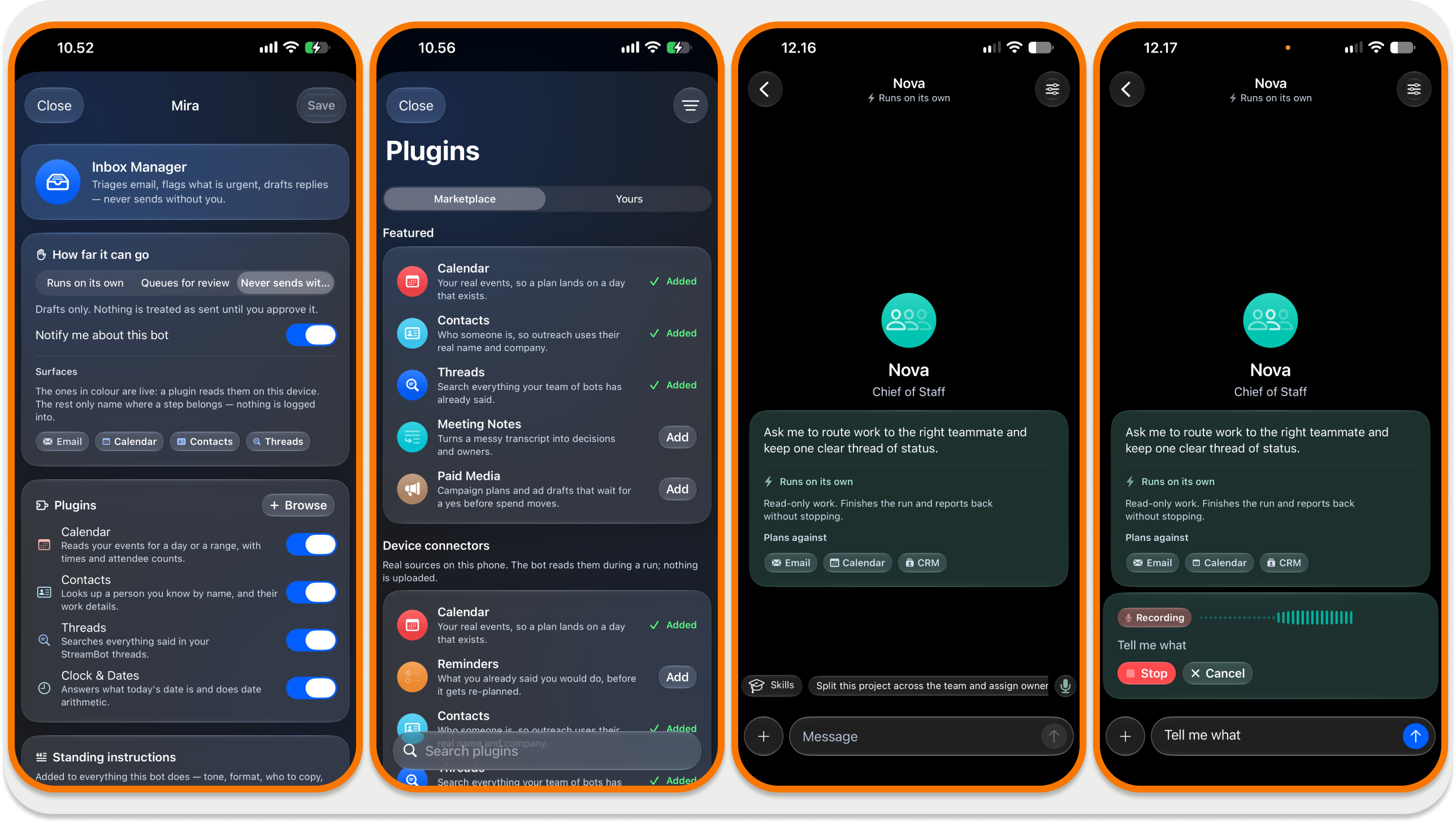StreamBot app screens showing the Mira bot's settings and plugins, the plugins marketplace, and Nova chat screens including a voice recording prompt