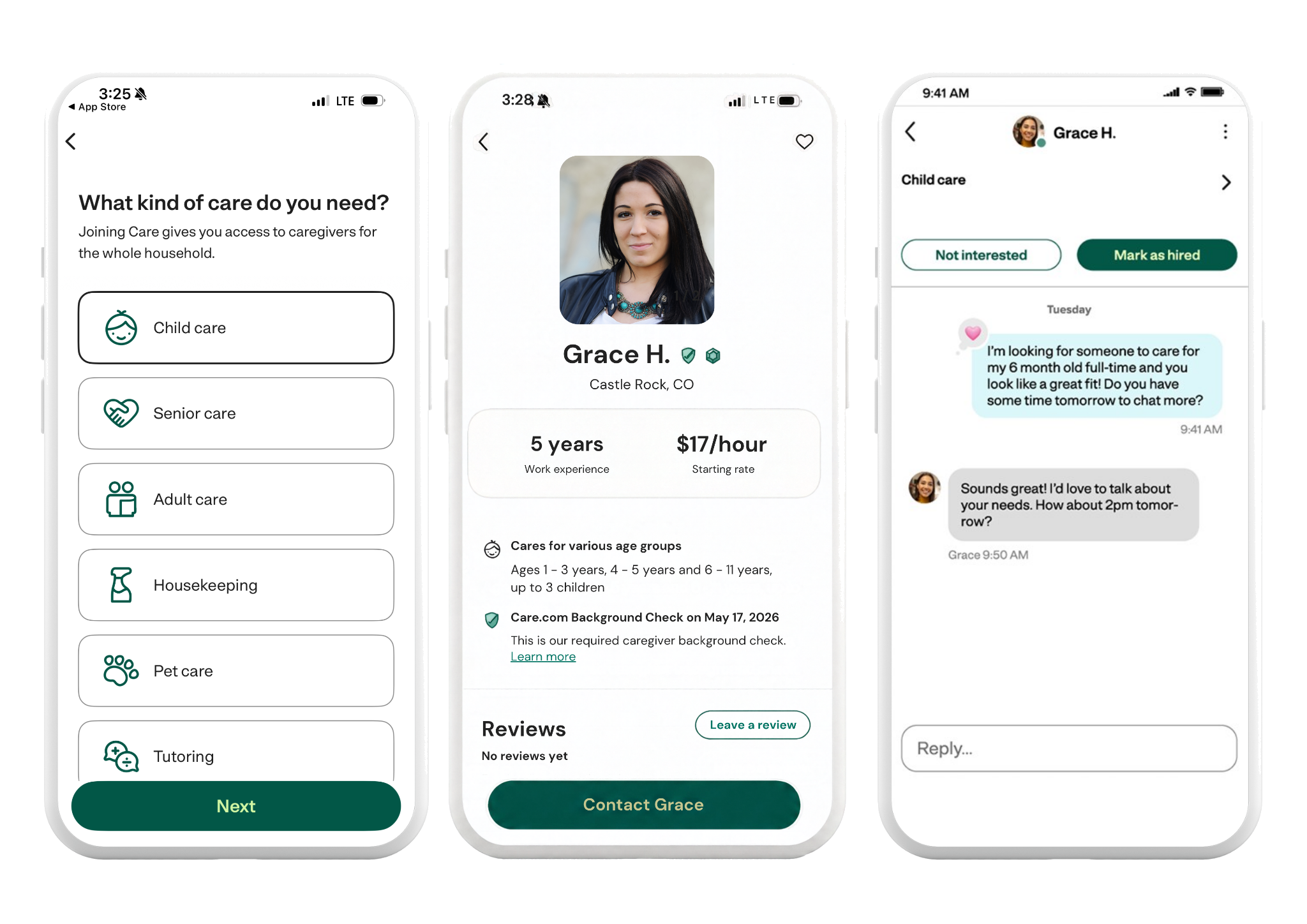 Care.com app screens showing the care type selection screen, a caregiver profile for Grace H., and a messaging conversation about hiring a caregiver