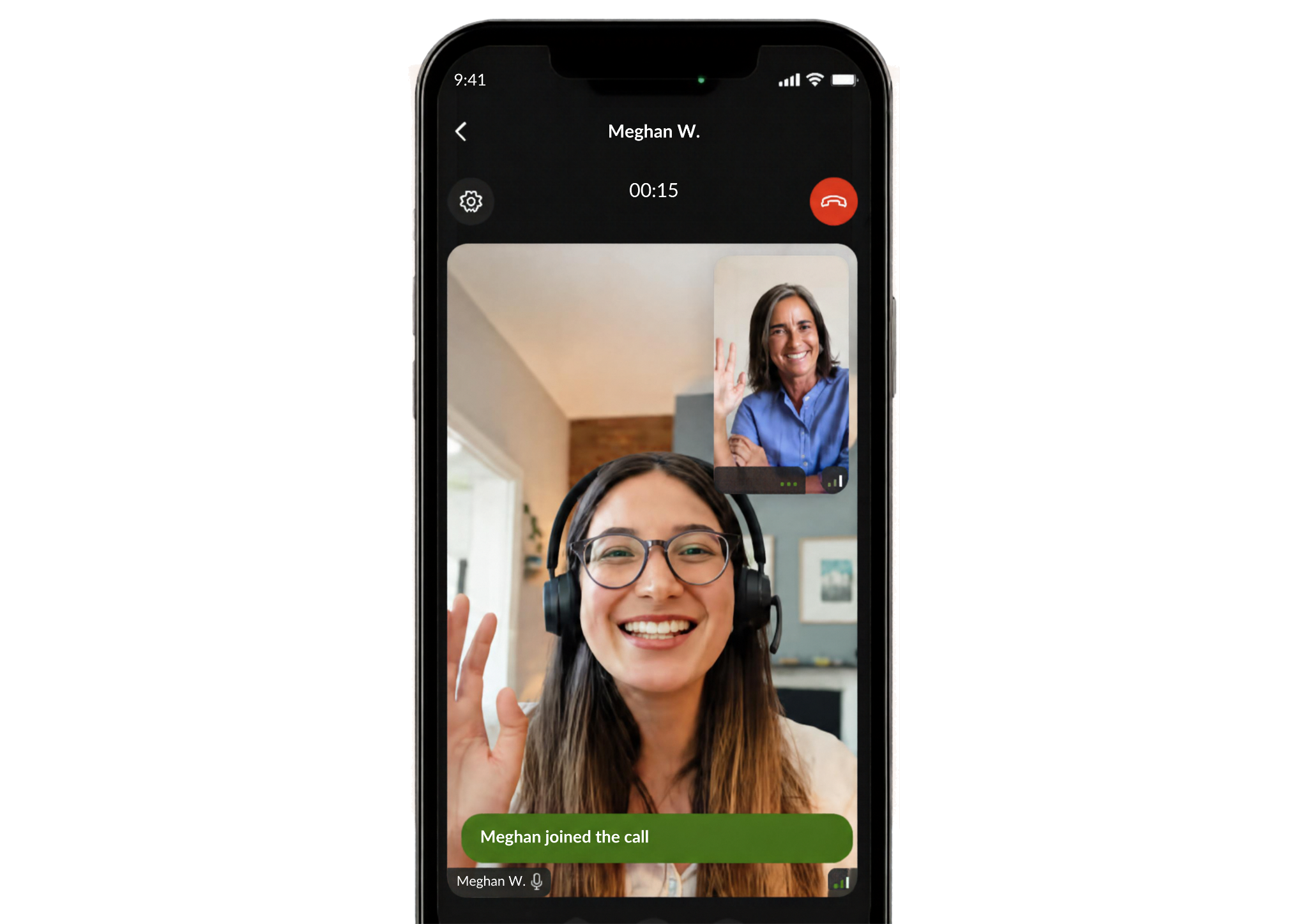 A video interview in progress on Care.com between two participants, with call controls and a 'Meghan joined the call' notification