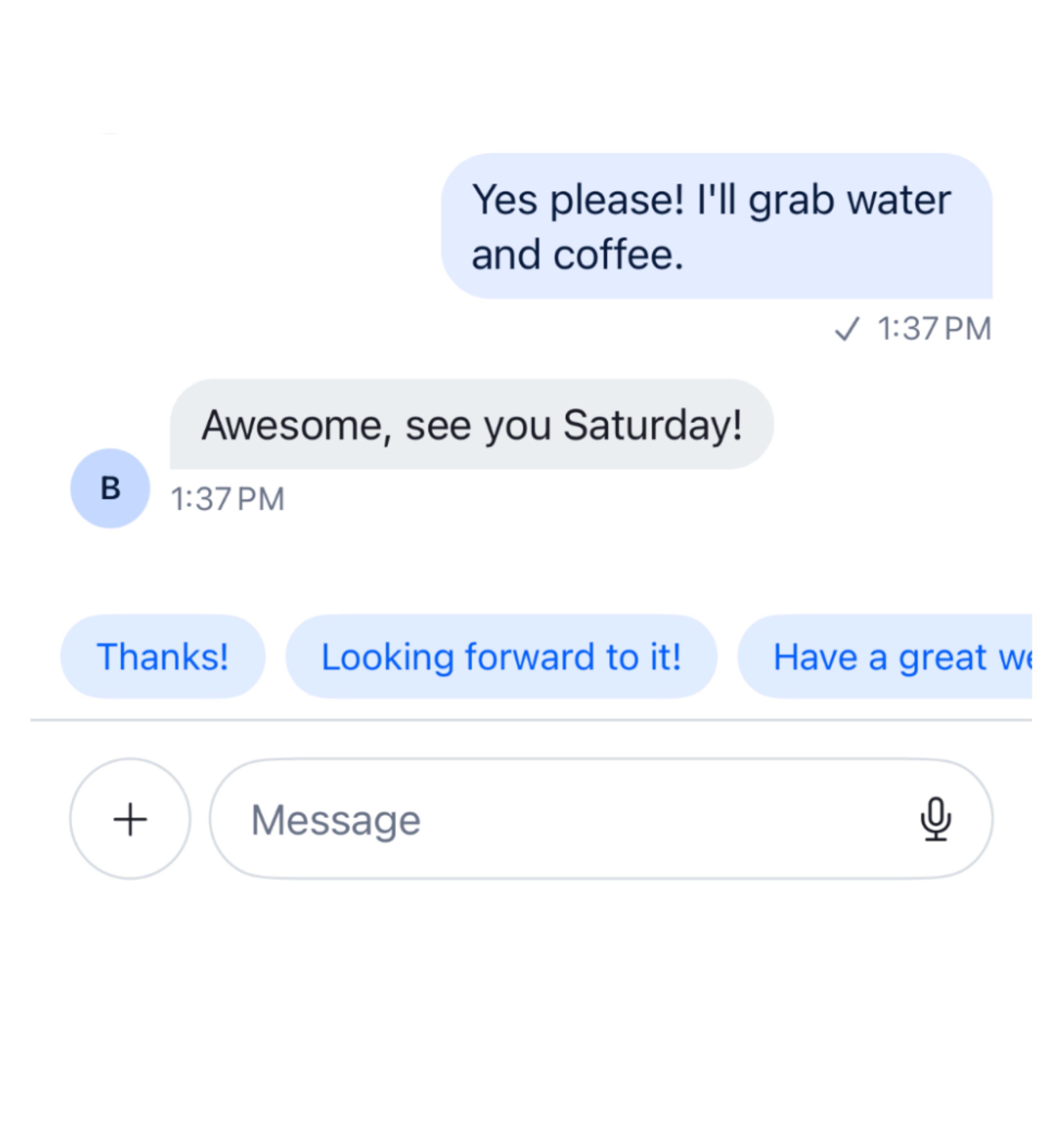 Chat interface showing smart reply suggestions