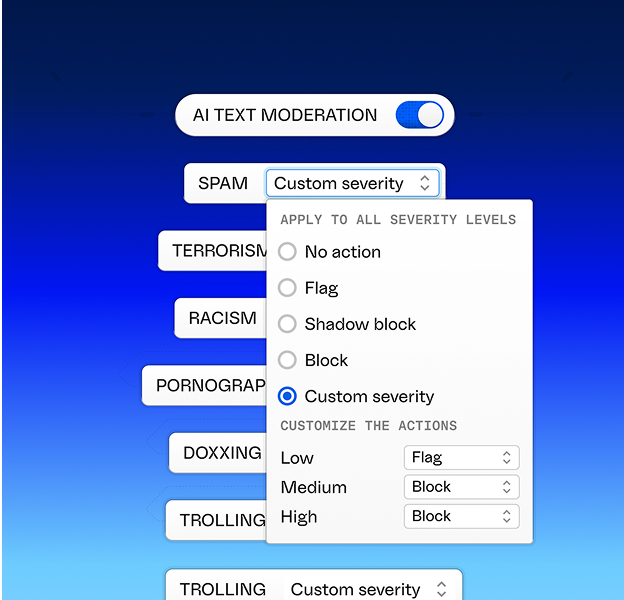 Stream AI text moderation dashboard with custom severity settings